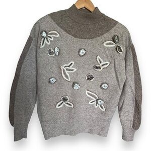 Vintage Lambswool Angora Knit Embellished Beaded Floral Mockneck Sweater Size M